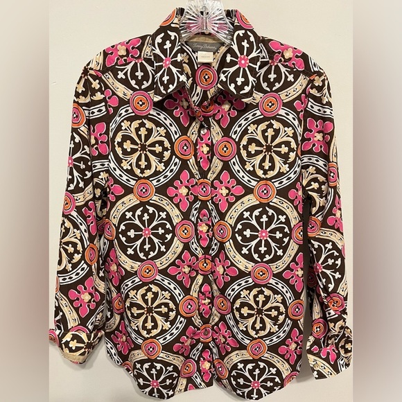 Tommy Bahama Brown/Pink Long Sleeve Button Down Top w/Geometric Pattern; Size 8 - Picture 3 of 8